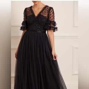 NWT Needle &Thread Black Thea Bodice  A- Line Full Skirt Sequin Gown